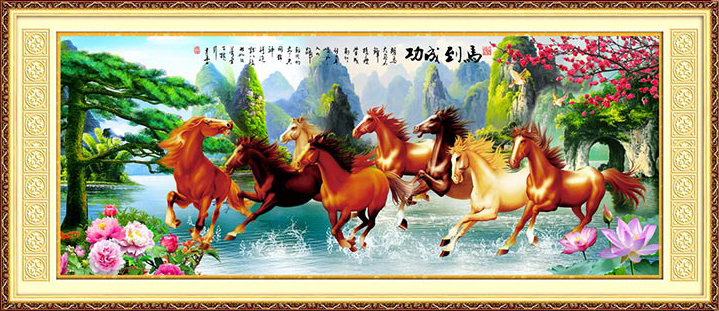 maa-1058 *สินค้าหมด* ชุดปักครอสติช ลาย 8 อาชา (งานปักเต็มลาย) ขนาดใหญ่ 151*67 ซม.ผ้าครอสติช 11CTพิมพ์ลายปักบนผ้า ไหมคอตตอน 65 สี ผังลาย เข็ม