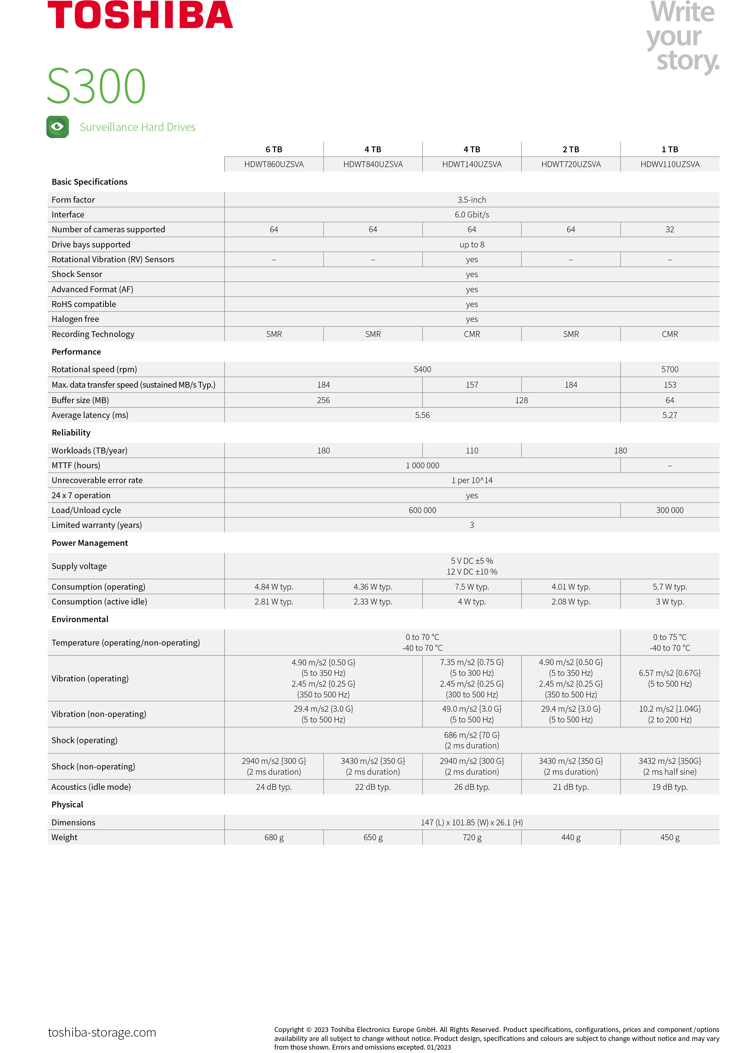 TOSHIBA S300 HDWT720 HARDDISK FOR CCTV 2TB 5400RPM , 128MB Buffer , SATA3 , 3.5" BY BILLIONAIRE SECURETECH TOSHIBA S300 2TB