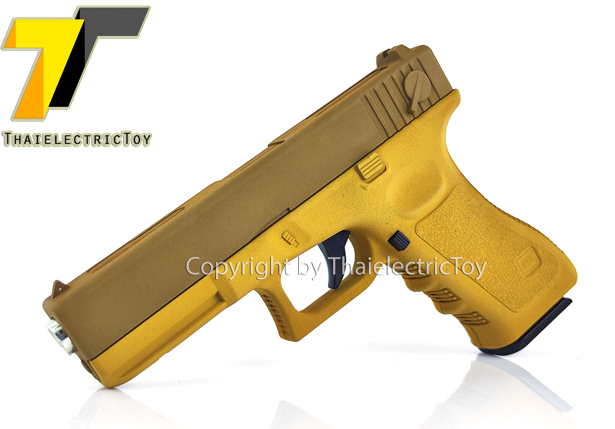 ปืนอัดลมเหล็ก Glock 17 สีทูโทน ชักยิงทีล่ะนัด ลำกล้องยาว 7 นิ้ว หนัก 668 กรัม ใช้ลูกกระสุนพลาสติก 6 มิล