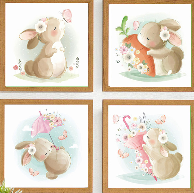 rabbit-1021 *สินค้าหมด* ชุดปักครอสติช ลายเซต 4 ชิ้น กระต่ายน้อย (ไม่มีเดินเส้น ผ้า11CTพิมพ์ลาย ปัก 3 เส้นเล็ก) ขนาดภาพละ 50*50 ซม.ผ้าครอสติช 11CTพิมพ์ลายปักบนผ้า ไหมคอตตอน 115 สี ผังลาย เข็ม