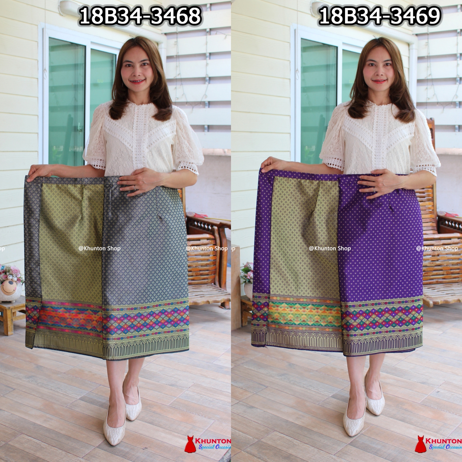 18B-34 ผ้าถุงสำเร็จ ผ้าซิ่นลาว เย็บสำเร็จแบบป้ายติดตะขอ ผ้าทอยกขิดลาวทอลายทั้งผืน เนื้อไหมสังเคราะห์