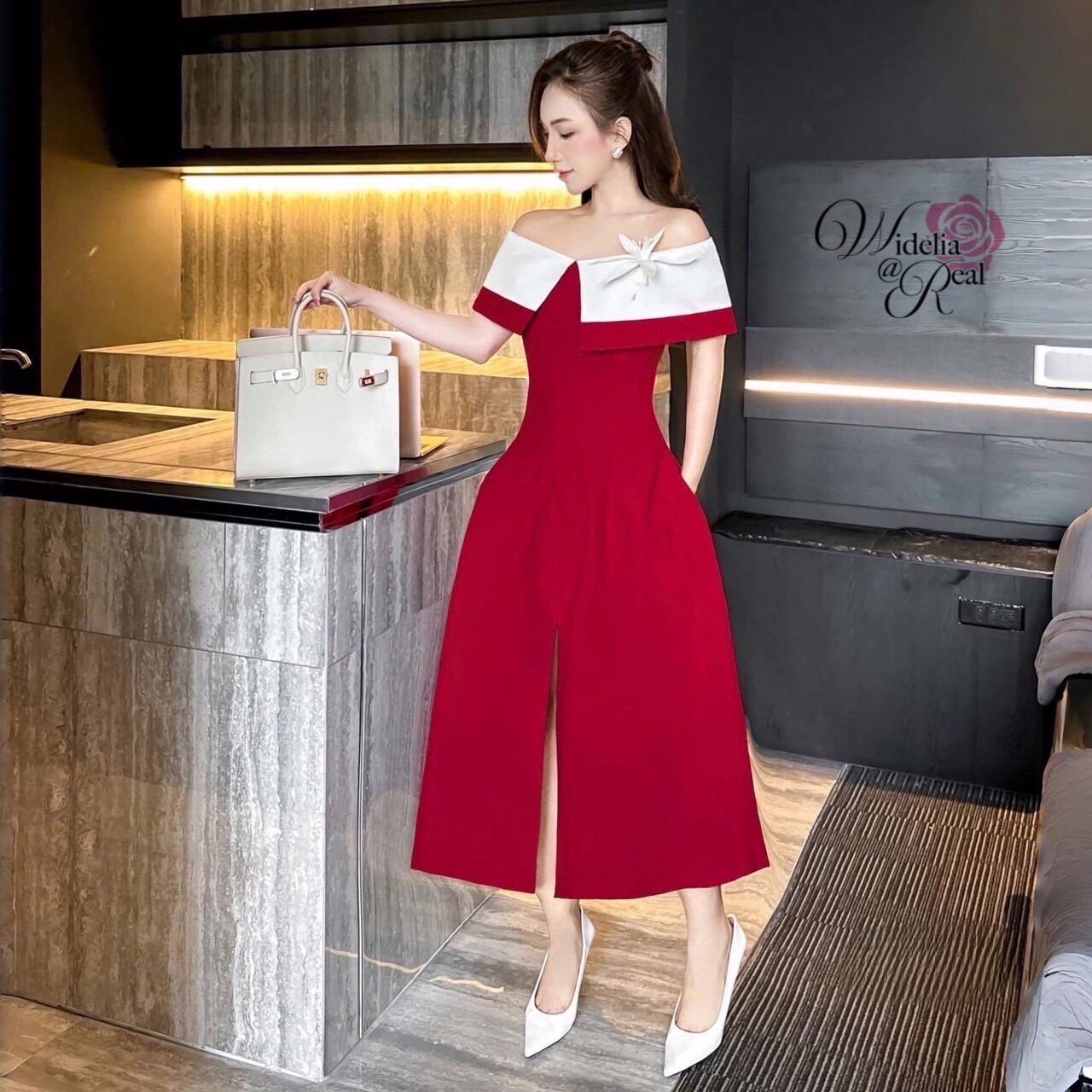 Korea Dress เดรสปาดไหล่ช่วงไหล่เย็บยางยืดใส่แล้วเกาะไหล่ดี (แดง)