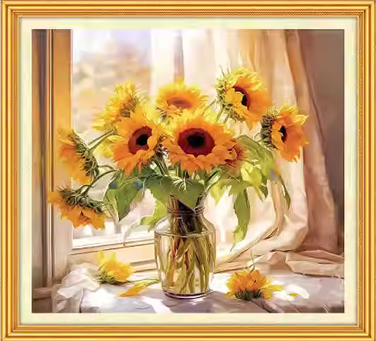 sunflower-1025 *สินค้าหมด* ชุดปักครอสติช ลายทานตะวันในแจกันแก้ว (ปักเต็มผืนผ้า ไม่มีเดินเส้น ผ้า 9CTพิมพ์ลาย มีประกาย ปัก 4 เส้นเล็ก) ขนาด 75*75 ซม.ผ้าครอสติช 9CTพิมพ์ลายปักบนผ้า ไหมคอตตอน 39 สี ผังลาย เข็ม