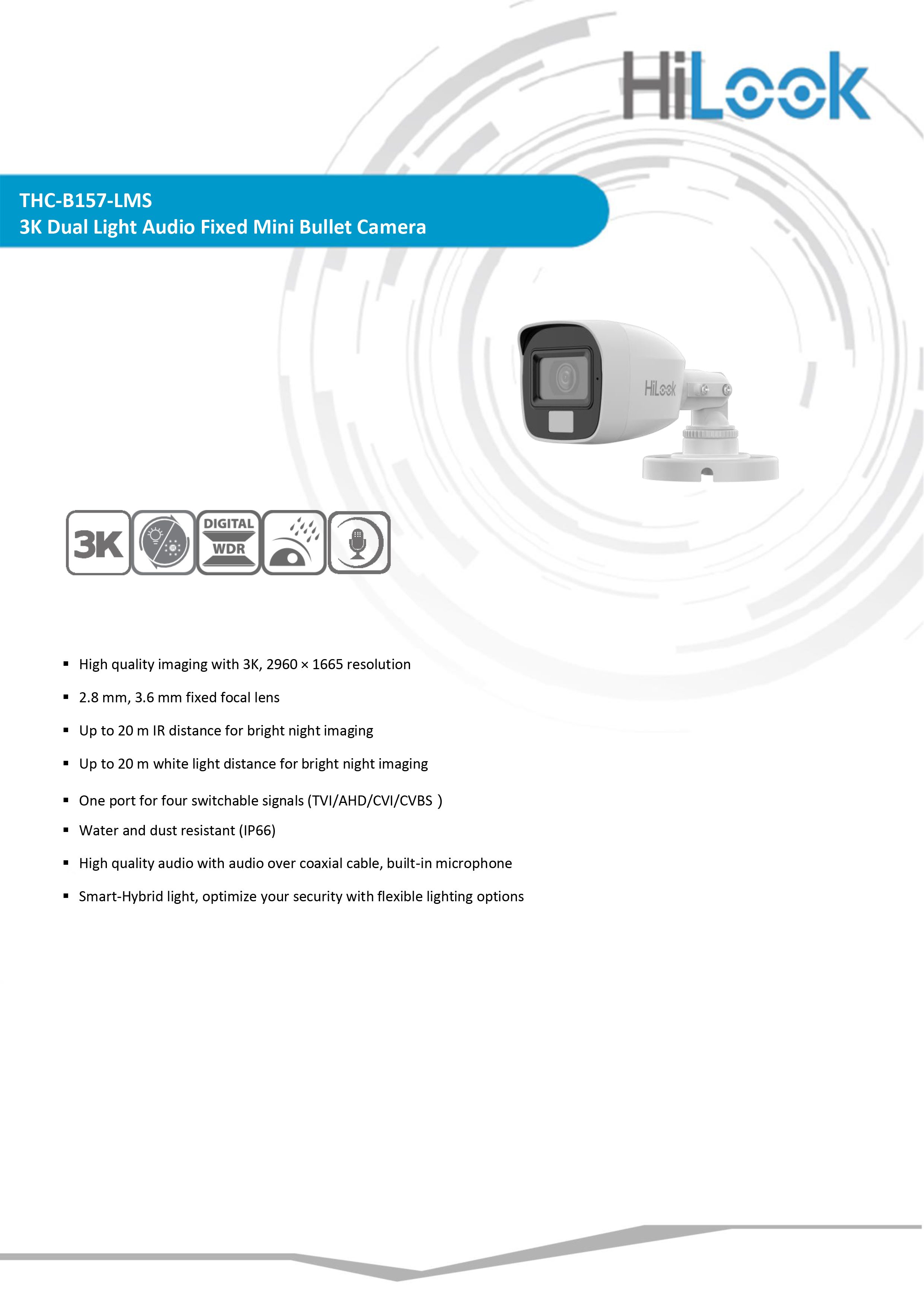 HILOOK THC-B157-LMS กล้องวงจรปิดระบบ HD ความละเอียด 3K Smart Hybrid Light มีไมค์ในตัว BY BILLIONAIRE SECURETECH THC-B157-LMS