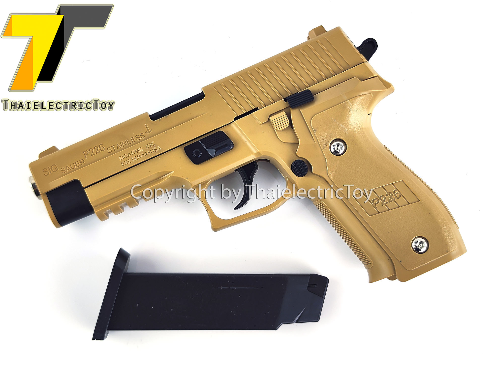 ปืนอัดลมพลาสติก Sig sauer p226 สีทราย ชักยิงทีล่ะนัด ลำกล้องยาว 8 นิ้ว หนัก 309 กรัม แขวนสไลน์ได้