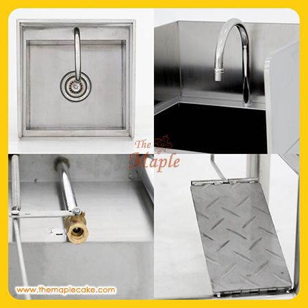 ซิงค์ล้างมือชนิดใช้เท้าเหยียบ ชนิด 1 ก๊อก พร้อมแผงกันตก (backguard) 3 ด้าน