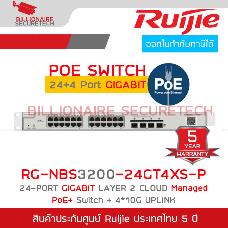 RUIJIE RG-NBS3200-24GT4XS-P 24Port Cloud Manage POE+ Switch, Layer 2+, 4Port SFP 10G Uplinks 370W BY BILLIONAIRE SECURETECH RG-NBS3200-24GT4XS RG-NBS3200-24GT4XS-P