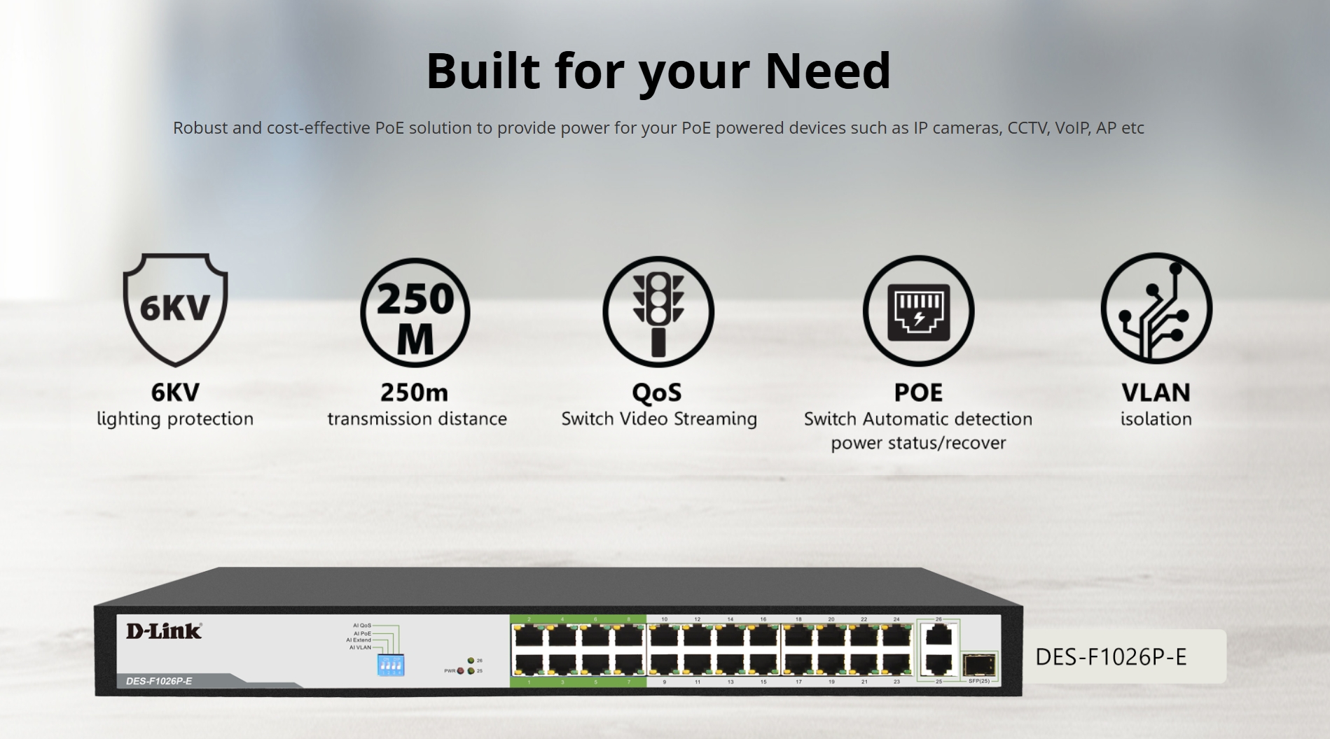D-LINK DES-F1026P-E : 250M 24-Port Fast Ethernet PoE Switch with 24-port POE+ (250W) with 2 x Gigabit Uplink Ports with 1 Combo SFP BY BILLIONAIRE SECURETECH DES-F1026P-E