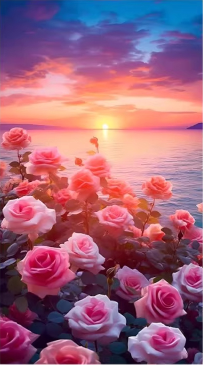 rose-1011 *สินค้าหมด* ชุดปักครอสติช ลายทุ่งกุหลาบชมพูริมทะเล (ปักเต็มผืนผ้า ไม่มีเดินเส้น ผ้า11CTพิมพ์ลาย ปัก 3 เส้นเล็ก) ขนาด 43*63 ซม.ผ้าครอสติช 11CTพิมพ์ลายปักบนผ้า ไหมคอตตอน 45 สี ผังลาย เข็ม