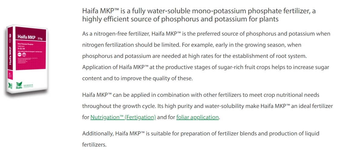 Haifa MKP 0-52-34 KH2PO4 Monopotassium Phosphate ปุ๋ยเกล็ด Haifa MKP จากอิสราเอล บรรจุ 25 กิโลกรัม