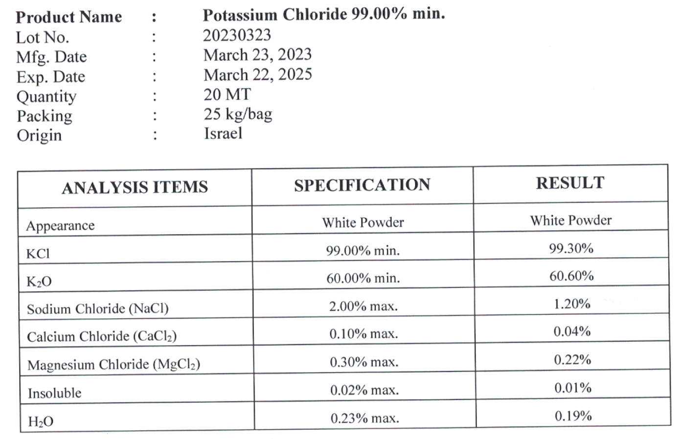 KCl Potassium Chloride 98% (Muriate of Potash; MOP) ปุ๋ยเกล็ด 0-0-60 (อิสราเอล) บรรจุ 1 กิโลกรัม (R)