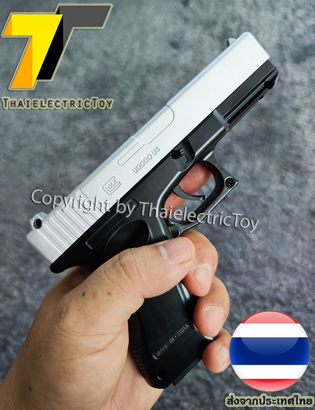 ปืนอัดลมเหล็ก Glock 18 ขนาดเล็ก สีทูโทน ชักยิงทีล่ะนัด ลำกล้องยาว 6 นิ้ว หนัก 307 กรัม ใช้ลูกกระสุนพลาสติก 6 มิล