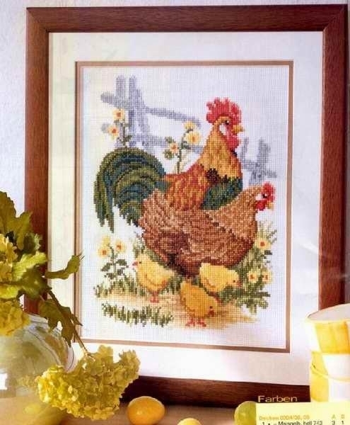 kai-1023 *สินค้าหมด* ชุดปักครอสติช ลายครอบครัวไก่ (ไม่มีเดินเส้น ผ้า11CTพิมพ์ลาย ปัก 3 เส้นเล็ก) ขนาด 39*45 ซม.ผ้าครอสติช 11CTพิมพ์ลายปักบนผ้า+ไหมคอตตอน 28 สี+ผังลาย+เข็ม