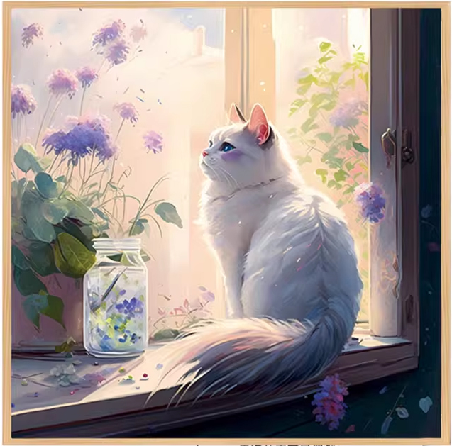 cat-1111 *สินค้าหมด* ชุดปักครอสติช ลายแมวน้อยไวโอเลต (ปักเต็มผืนผ้า ไม่มีเดินเส้น ผ้า11CT พิมพ์ลาย ปัก 3 เส้นเล็ก) ขนาด 50*50 ซม.ผ้าครอสติช 11CTพิมพ์ลายบนผ้า ไหมคอตตอน 35 สี ผังลาย เข็ม