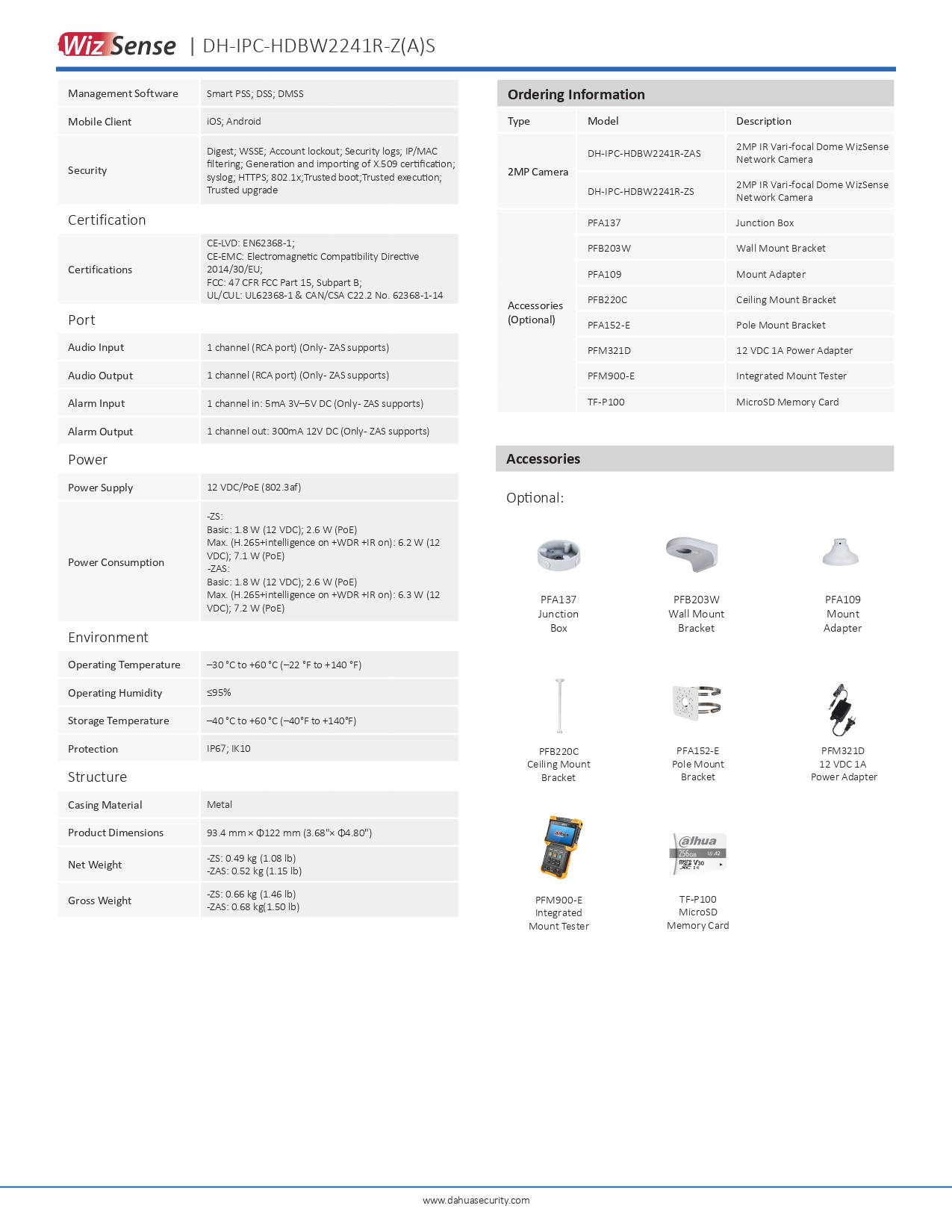 DAHUA IPC-HDBW2241R-ZAS (2.7-13.5MM.) กล้องวงจรปิด IP Camera 2MP IR Vari-focal Dome WizSense มีไมค์ในตัว BY BILLIONAIRE SECURETECH DAHUA IPC-HDBW2241R-ZAS