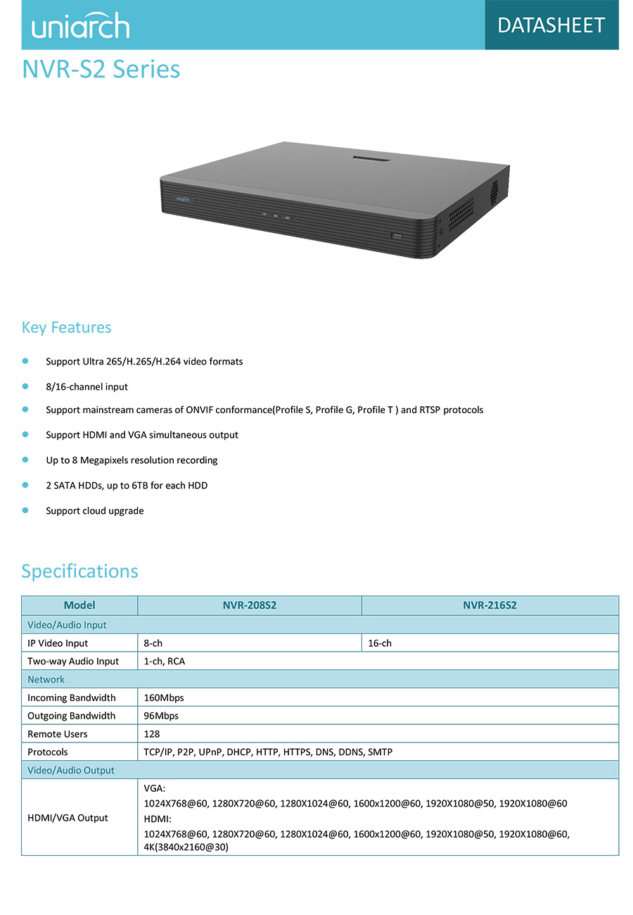 UNIARCH NVR-216S2 เครื่องบันทึกกล้องวงจรปิด IP CAMERA (NVR) 16CH ONVIF ใส่ HDD ได้ 2 ลูก BY BILLIONAIRE SECURETECH NVR-216S2