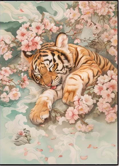 tiger-1005 *พร้อมส่ง* ชุดปักครอสติช ลายเสือน้อยซากุระ (ปักเต็มผืนผ้า ไม่มีเดินเส้น ผ้า11CTพิมพ์ลาย ปัก 3 เส้นเล็ก) ขนาด 50*70 ซม.ผ้าครอสติช 11CTพิมพ์ลายปักบนผ้า ไหมคอตตอน 43 สี ผังลาย เข็ม