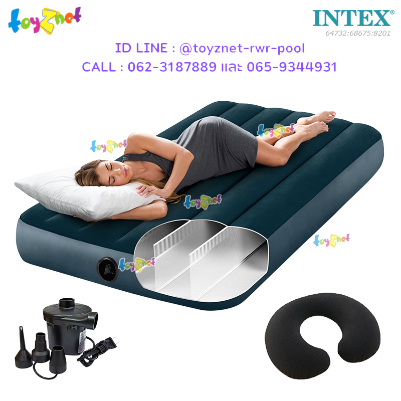 Intex "New Structure - More Comfortable" Dura-Beam Fiber-Tech Airbed 3.5ft (Twin) 0.99x1.91x0.25 m. Midnight Green No.64732 + 1 Travel Pillows + Electric air pump