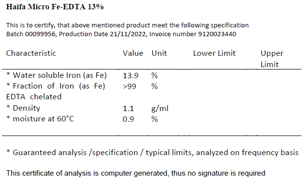 ผงจุลธาตุเหล็กคีเลตอีดีทีเอ13.2% (เหล็กเหลือง) ไฮฟา ไมโคร Haifa Micro Fe (Fe-EDTA FE 13.2%) บรรจุ 1 กิโลกรัม (R)