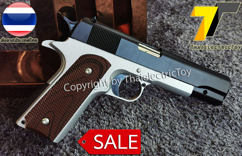 ปืนอัดลมเหล็ก ชักยิงทีล่ะนัด Colt 1911 สีทูโทน ลำกล้องยาว 7.5 นิ้ว นกสับได้ เซพตี้สไลน์ แมคเหล็ก หนัก 588 กรัม ใช้ลูกกระสุนพลาสติก 6 มิล