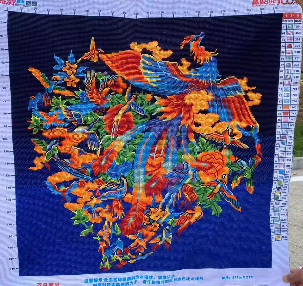 phoenix-1100 *สินค้าหมด* ชุดปักครอสติช ลายหงส์ฟินิกซ์กับนกน้อย (ปักเต็มผืนผ้า ไม่มีเดินเส้น ปักครั้งละ 3 เส้นเล็ก) ขนาด 60*60 ซม.ผ้าครอสติช 11CTพิมพ์ลายปักเต็มลายผ้า ไหมคอตตอน 37 สี ผังลาย เข็ม