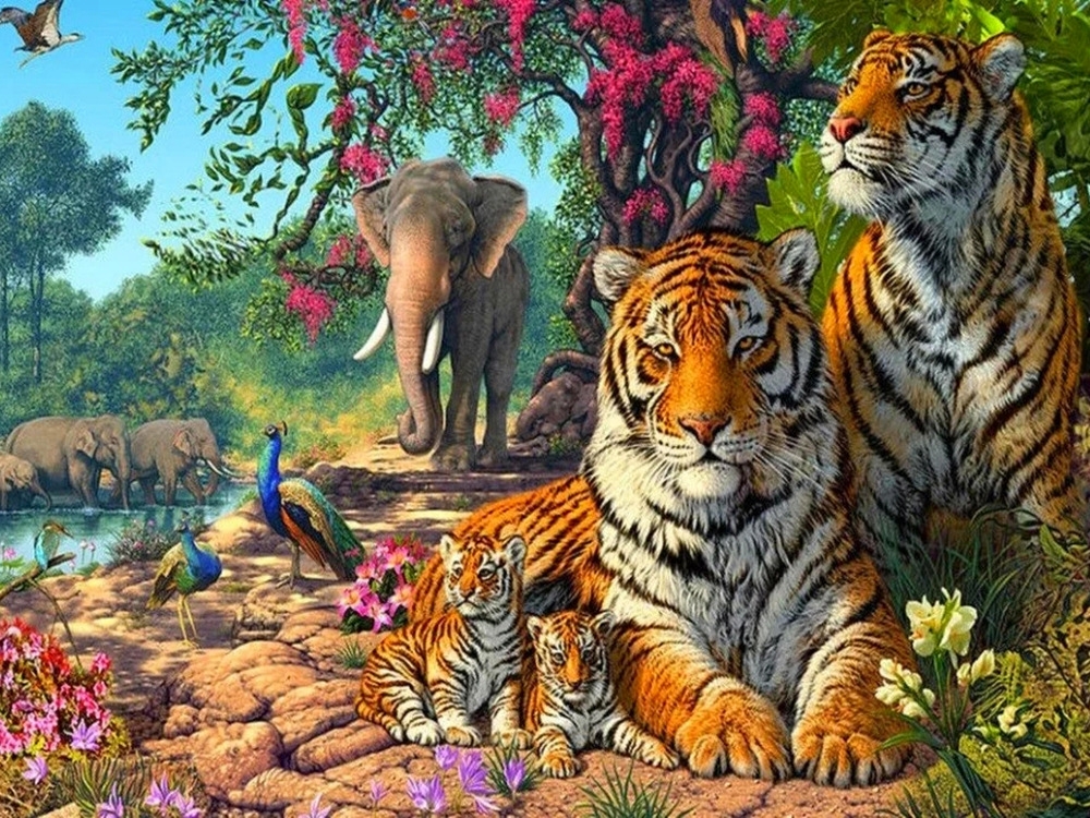 animal-2001 *พร้อมส่ง* ชุดภาพติดคริสตัลกลม ลายกลางป่าใหญ่ (งานติดเต็มภาพ) ขนาด 50*40 ซม.ผ้าแคนวาสลงผังลายเต็ม คริสตัลกลม 40 สี อุปกรณ์ครบชุด