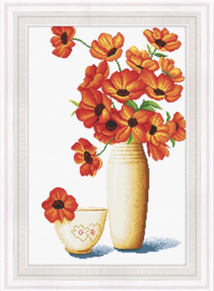 vase-1112 *สินค้าหมด* ชุดปักครอสติช ลายแจกัน ดอกคอสมอส ดาวกระจาย (ไม่มีเดินเส้น ไม่มีผังลาย พิมพ์ลายปักชัดบนผ้าเลย) ขนาด 52*73 ซม.ผ้าครอสติช 11CTพิมพ์ลายปักบนผ้า ไหมคอตตอน 24 สี เข็ม