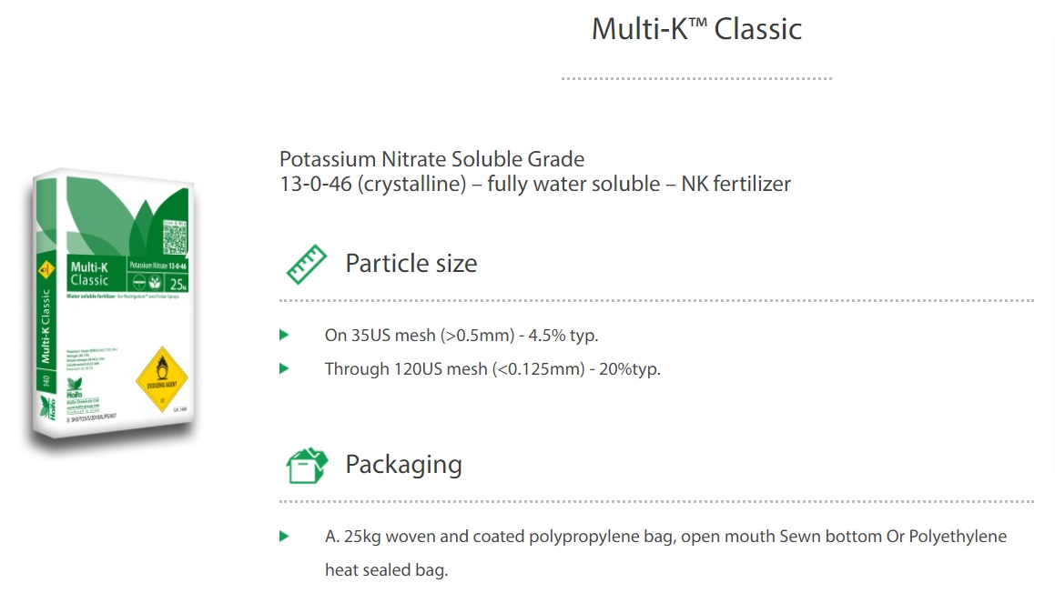 KNO3 Potassium Nitrate ปุ๋ยเกล็ด Haifa Multi-K Classic (13-0-46) อิสราเอล เกรดใช้งานทั่วไป บรรจุ 25 กิโลกรัม