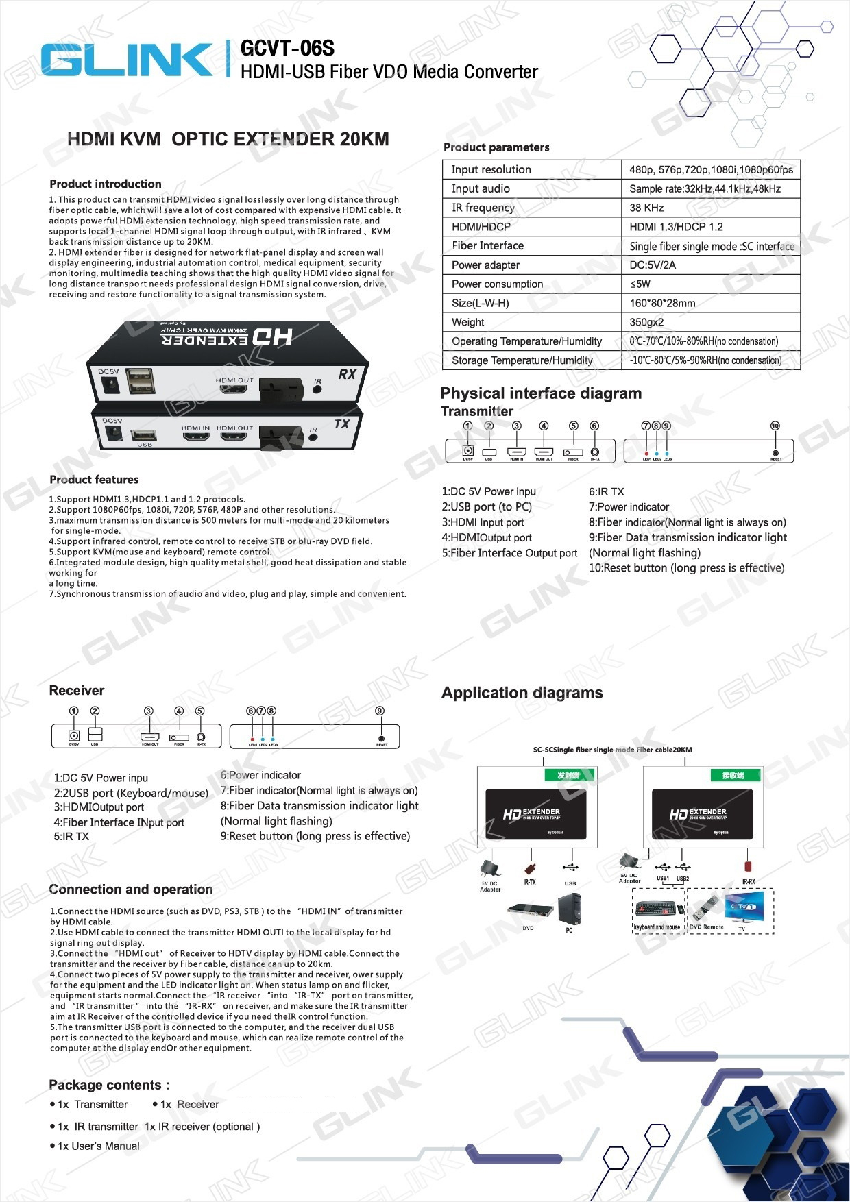 GLINK GCVT-06S HDMI with USB to Fiber Extender 1080P 20KM **ไม่มีอแดปเตอร์แถม** BY BILLIONAIRE SECURETECH GCVT-06S