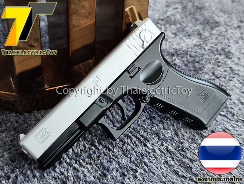 ปืนอัดลมเหล็ก Glock 18 ขนาดเล็ก สีทูโทน ชักยิงทีล่ะนัด ลำกล้องยาว 6 นิ้ว หนัก 307 กรัม ใช้ลูกกระสุนพลาสติก 6 มิล