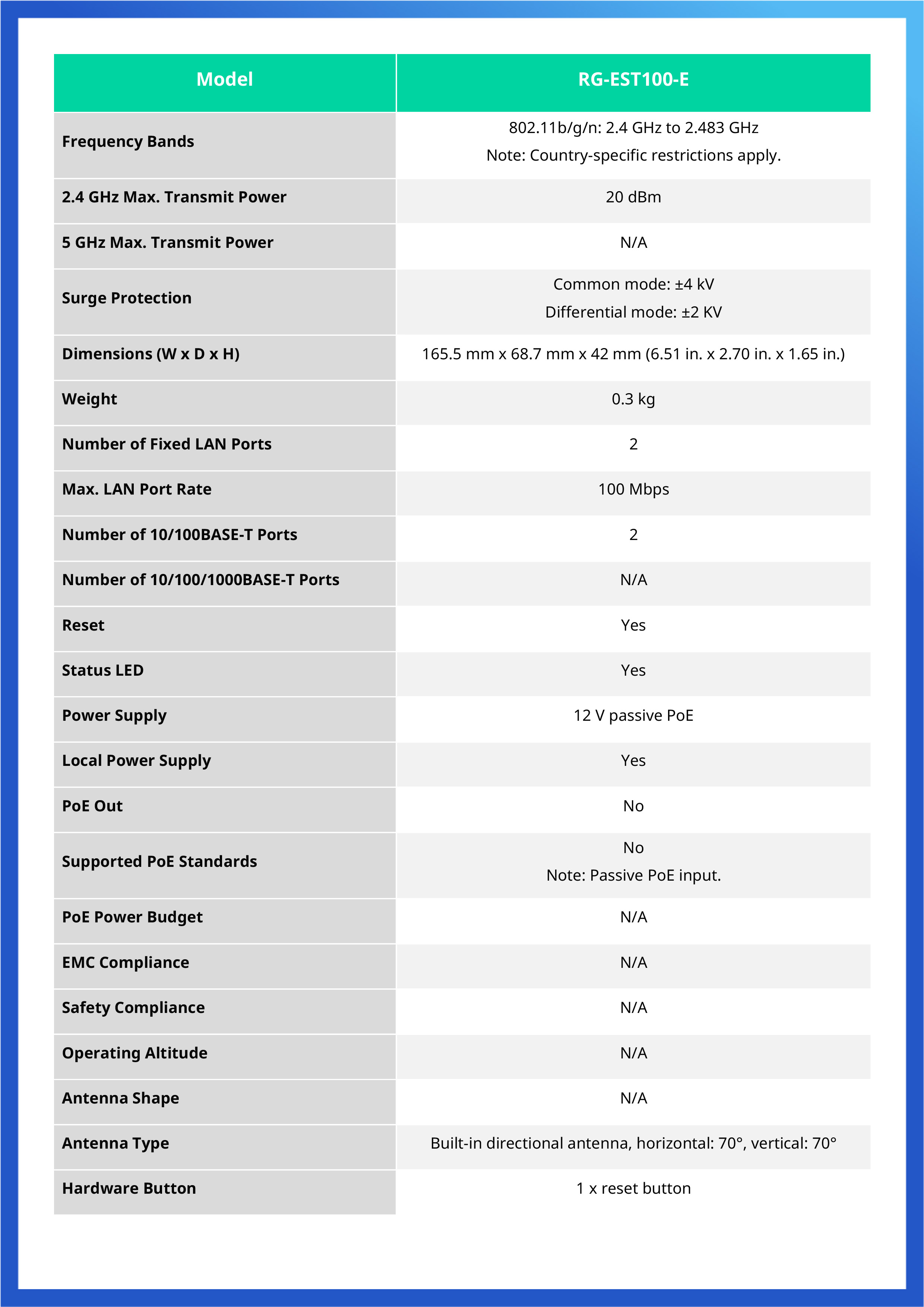 RUIJIE RG-EST100-E Wireless Bridge 2.4GHz, 500M., Dual Stream, IP55 BY BILLIONAIRE SECURETECH RG-EST100-E