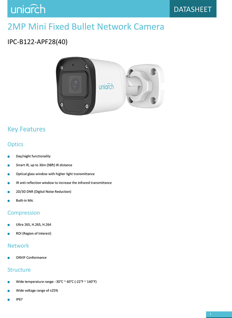 UNIARCH IPC-B122-APF28(40) กล้องวงจรปิด IP CAMERA 2MP มีไมค์ในตัว H.265 IP67 ONVIF POE BY BILLIONAIRE SECURETECH IPC-B122-APF28(40)