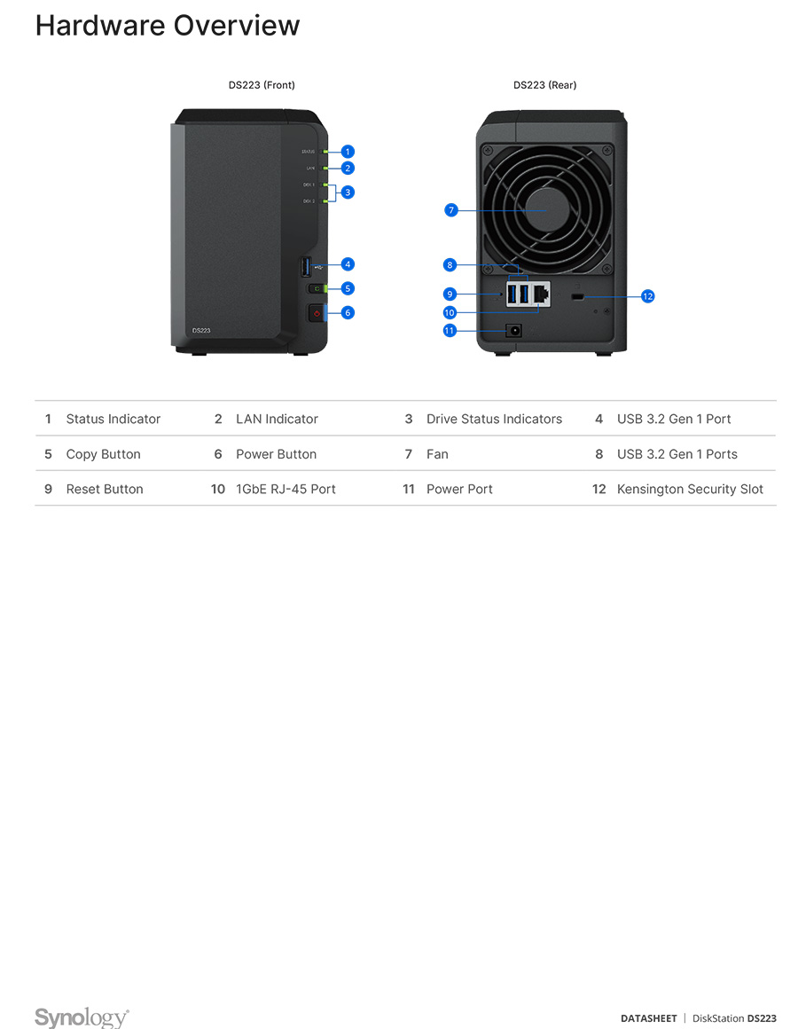Synology DS223 NAS 2-BAY อุปกรณ์จัดเก็บข้อมูลบนเครือข่าย Realtek RTD1619B 4-core 1.7 GHz - 2GB BY BILLIONAIRE SECURETECH DS223
