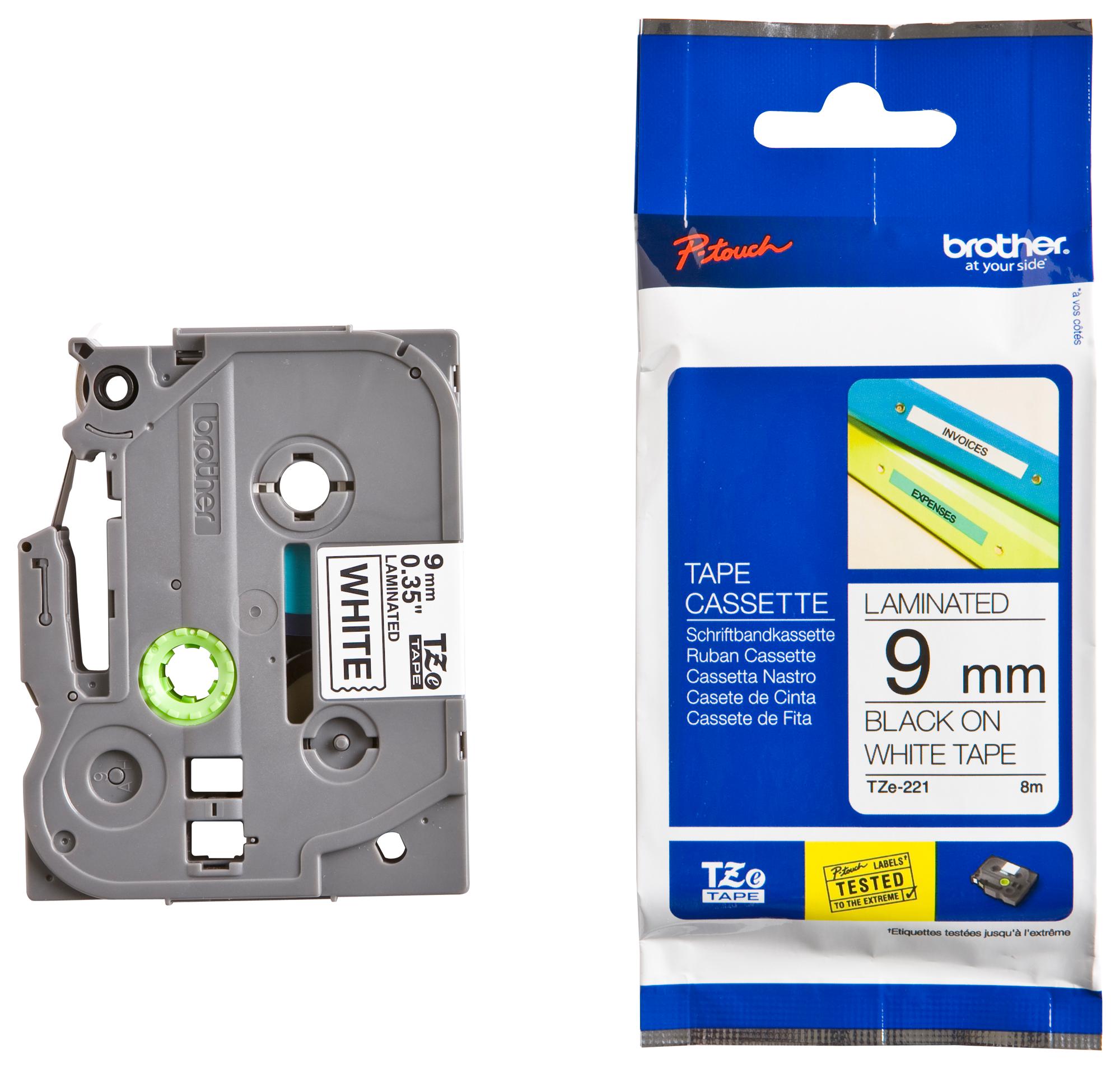 เทปพิมพ์อักษร brother 9mm TZE221 อักษรดำพื้นขาว TZE-221