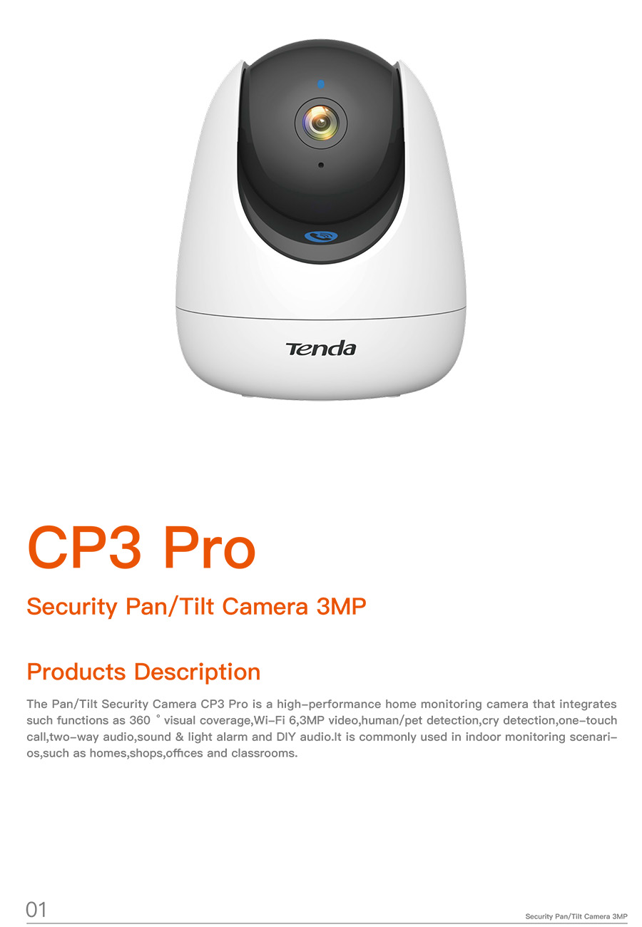 TENDA CP3 Pro 3MP Security Pan/Tilt Camera WiFi6, IR, human detection, cry detection BY BILLIONAIRE SECURETECH CP3 Pro