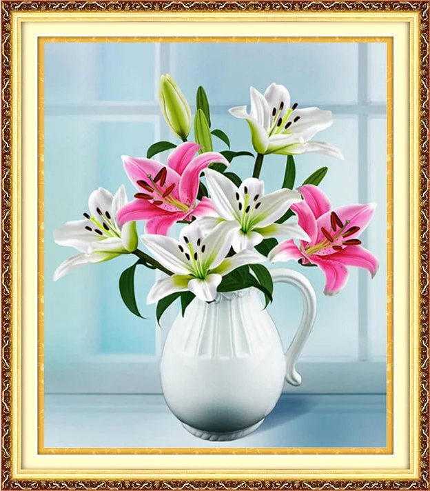 lily-1016 *สินค้าหมด* ชุดปักครอสติช ลายแจกันช่อลิลลี่ (งานปักเต็มลาย ไม่มีเดินเส้น) ขนาด 40*50 ซม.ผ้าครอสติช 11CTพิมพ์ลายปักเต็มลายผ้า ไหมคอตตอน 28 สี ผังลาย เข็ม