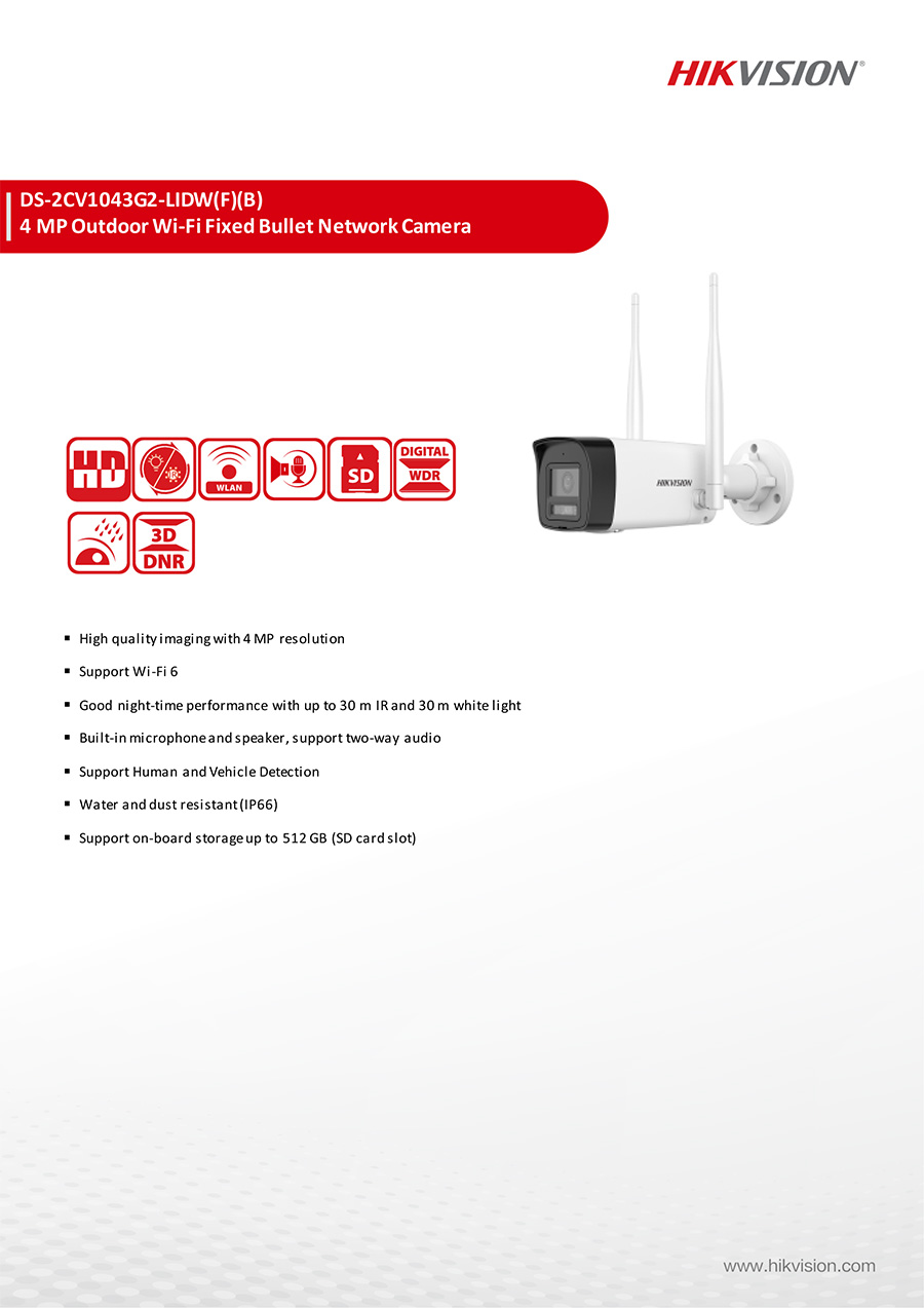 HIKVISION DS-2CV1043G2-LIDWF(B) (2.8 mm.) กล้องวงจรปิดระบบ IP WIFI 4 ล้านพิกเซล Dual Light + มีไมค์และลำโพงในตัว สำหรับใช้กับชุด WIFI KIT NVS ของ HIKVISION เท่านั้น BY BILLIONAIRE SECURETECH DS-2CV1043G2-LIDWF(B) (2.8 mm.)