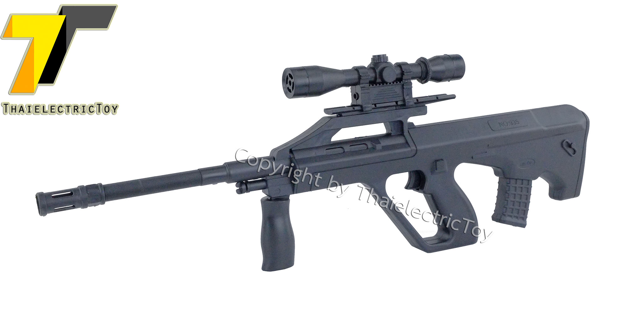 ปืนอัดลมพลาสติก Steyr Aug ยาว 60 เซนติเมตร หนัก 321 กรัม ชักยิงทีล่ะนัด ใช้กระสุนพลาสติกขนาด 6mm