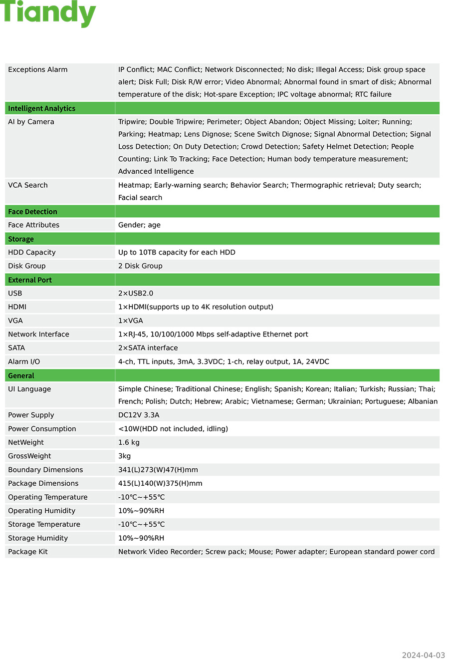 TIANDY TC-R3220 SPEC:I/B/K/V3.1 NVR 20CH H.265 2SATA BY BILLIONAIRE SECURETECH TC-R3220 SPEC:I/B/K/V3.1