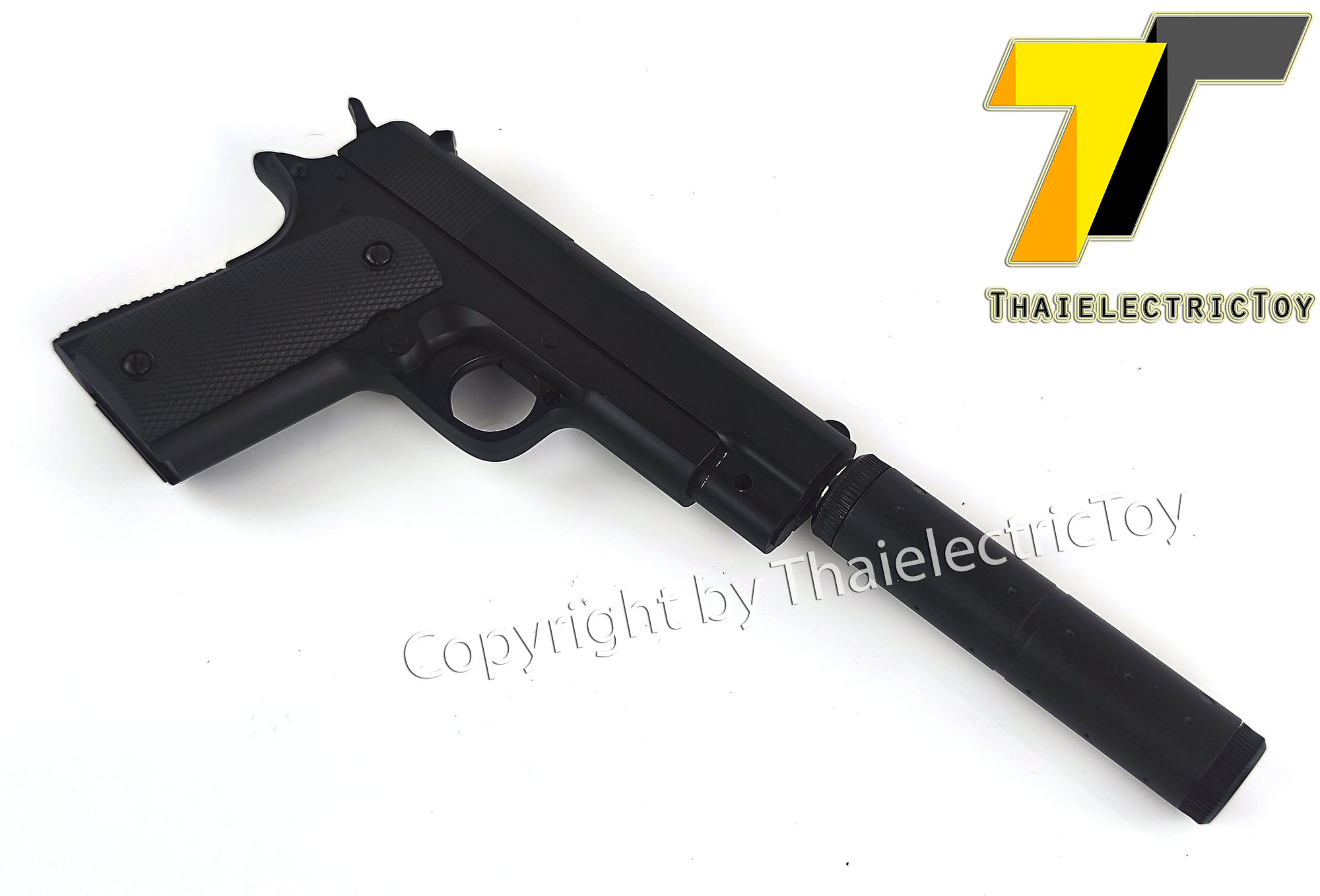 ปืนอัดลมเหล็ก 1911 ชักยิงทีล่ะนัด ลำกล้องยาว 6 นิ้ว หนัก 271 กรัม ใช้ลูกกระสุนพลาสติก 6 มิล