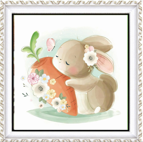 rabbit-1025 *สินค้าหมด* ชุดปักครอสติช ลายกระต่ายกอดแครอท (ไม่มีเดินเส้น ผ้า11CTพิมพ์ลาย ปัก 3 เส้นเล็ก) ขนาด 50*50 ซม.ผ้าครอสติช 11CTพิมพ์ลายปักบนผ้า ไหมคอตตอน 34 สี ผังลาย เข็ม