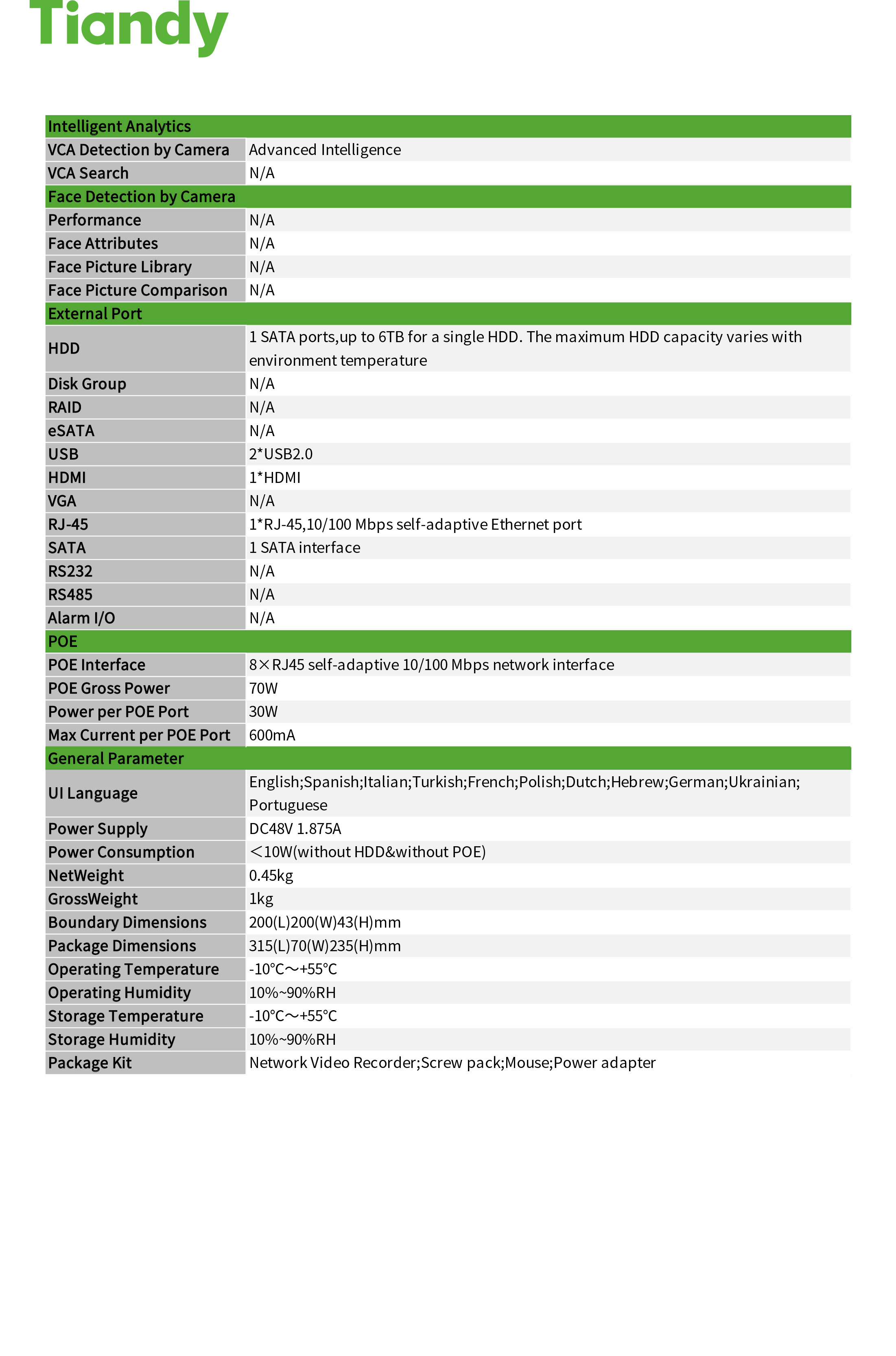 TIANDY TC-R3110 Spec:I/B/P8/L/S NVR 10CH / 8-PoE BY BILLIONAIRE SECURETECH TC-R3110 Spec:I/B/P8/L/S