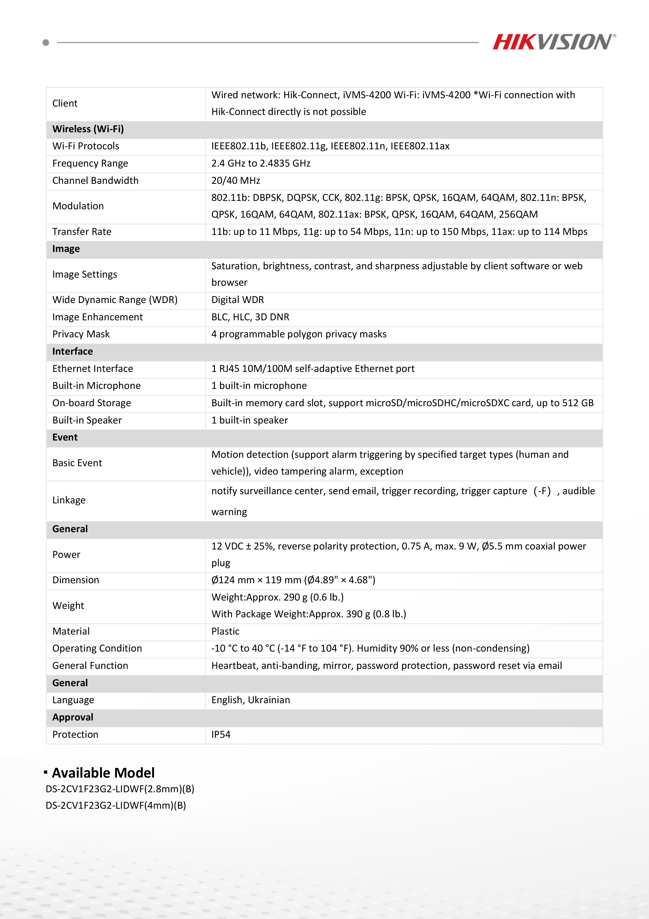 HIKVISION DS-2CV1F23G2-LIDWF(B) (2.8 mm.) กล้องวงจรปิดระบบ IP WIFI 2 ล้านพิกเซล Dual Light + มีไมค์และลำโพงในตัว สำหรับใช้กับชุด WIFI KIT NVS ของ HIKVISION เท่านั้น BY BILLIONAIRE SECURETECH DS-2CV1F23G2-LIDWF(B) (2.8 mm.)