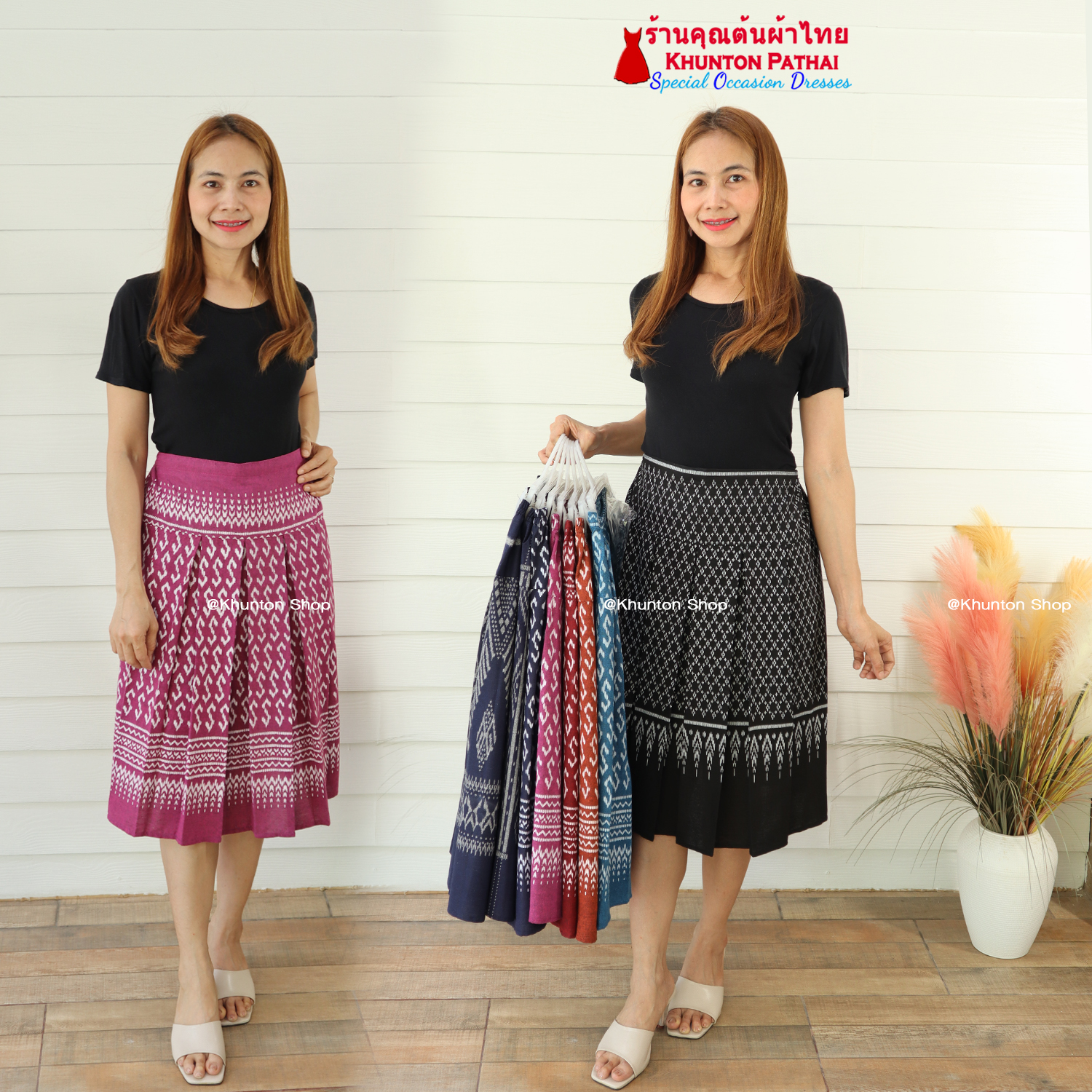 15C-02 ขนาดฟรีไซส์ใส่ได้เอว 28-34 กระโปรงผ้าไทย ทรงจีบทวิส รุ่นยาว 25 นิ้ว ตัดด้วย ผ้าฝ้ายพิมพ์ลาย เนื้อนิ่มใส่สบาย สม็อคหลัง