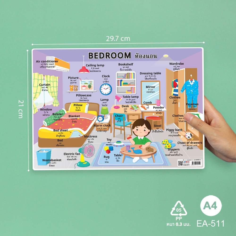 โปสเตอร์ความรู้ ชุดคำศัพท์ใช้บ่อย ในบ้าน ขนาดA4 EA-511 ห้องนอน Bedroom