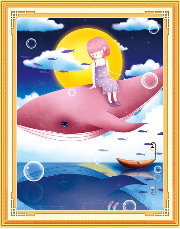 girl-1139 *สินค้าหมด* ชุดปักครอสติช ลายสาวน้อยกับปลาวาฬ (งานปักเต็มลาย) ขนาด 58*70 ซม.ผ้าครอสติช 11CTพิมพ์ลายปักบนผ้า ไหมคอตตอน 40 สี ผังลาย เข็ม