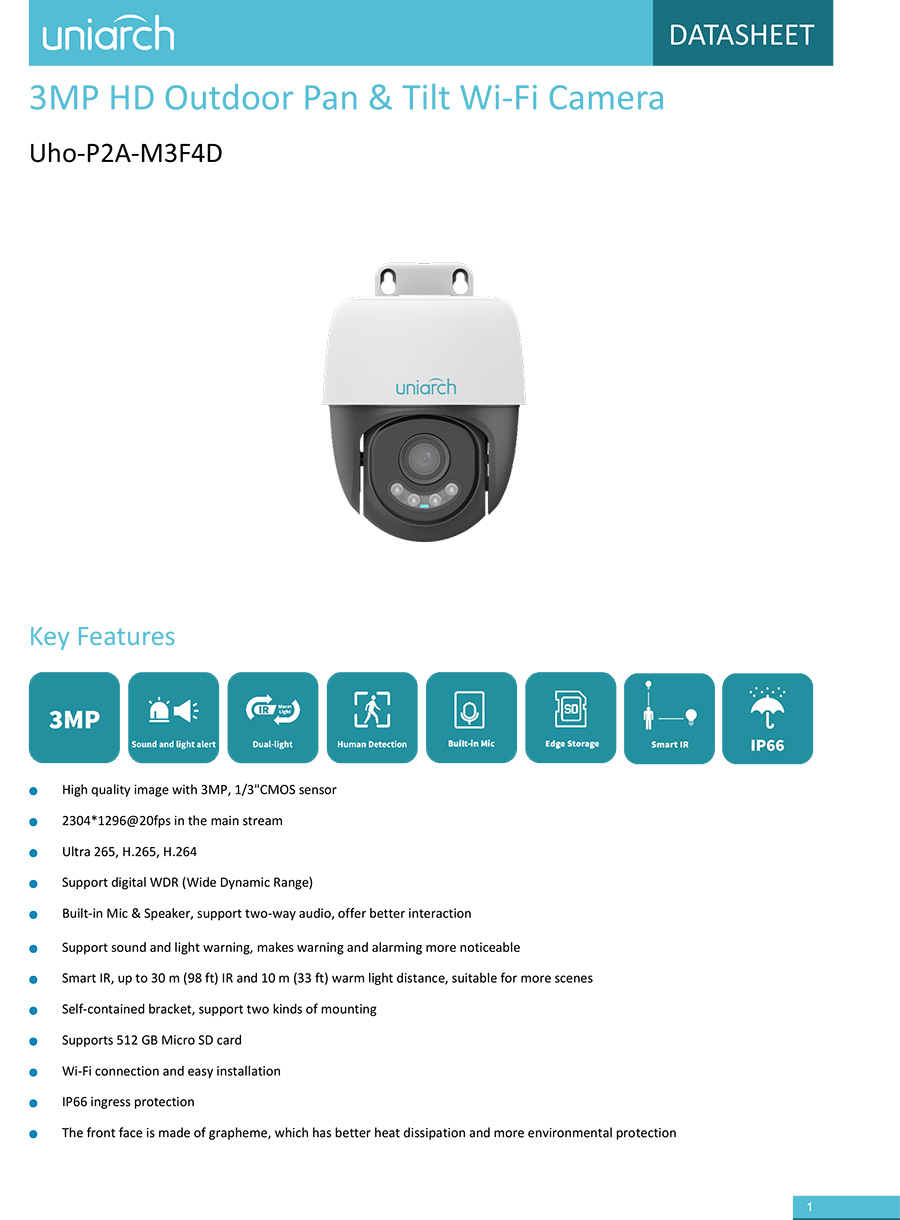 UNIARCH Uho-P2A-M3F4D (4 mm.) กล้องวงจรปิด IP 3MP HD Outdoor Pan & Tilt Wi-Fi Camera Dual Light มีไมค์และลำโพงในตัว ใช้งานภายใน BY BILLIONAIRE SECURETECH Uho-P2A-M3F4D