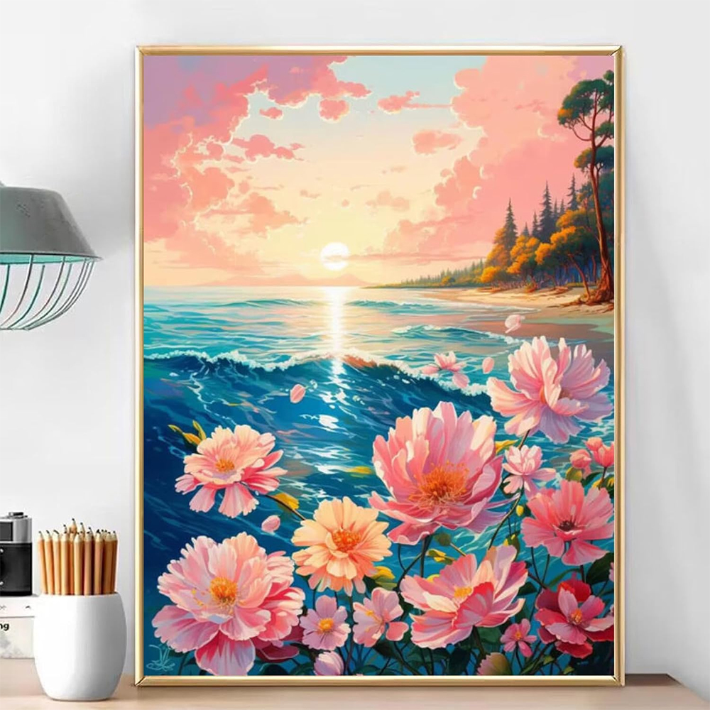 view-1111 *สินค้าหมด* ชุดปักครอสติช ลายดอกไม้ริมทะเล (ปักเต็มผืนผ้า ไม่มีเดินเส้น ผ้า 9CTพิมพ์ลาย มีประกาย ปัก 4 เส้นเล็ก) ขนาด 60*80 ซม.ผ้าครอสติช 9CTพิมพ์ลายบนผ้า ไหมคอตตอน 50 สี ผังลาย เข็ม