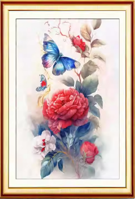 rose-1111 *สินค้าหมด* ชุดปักครอสติช ลายช่อกุหลาบกับผีเสื้อ (ปักเต็มผืนผ้า ไม่มีเดินเส้น ปักครั้งละ 3 เส้นเล็ก) ขนาด 50*68 ซม.ผ้าครอสติช 11CTพิมพ์ลายปักบนผ้า ไหมคอตตอน 38 สี ผังลาย เข็ม