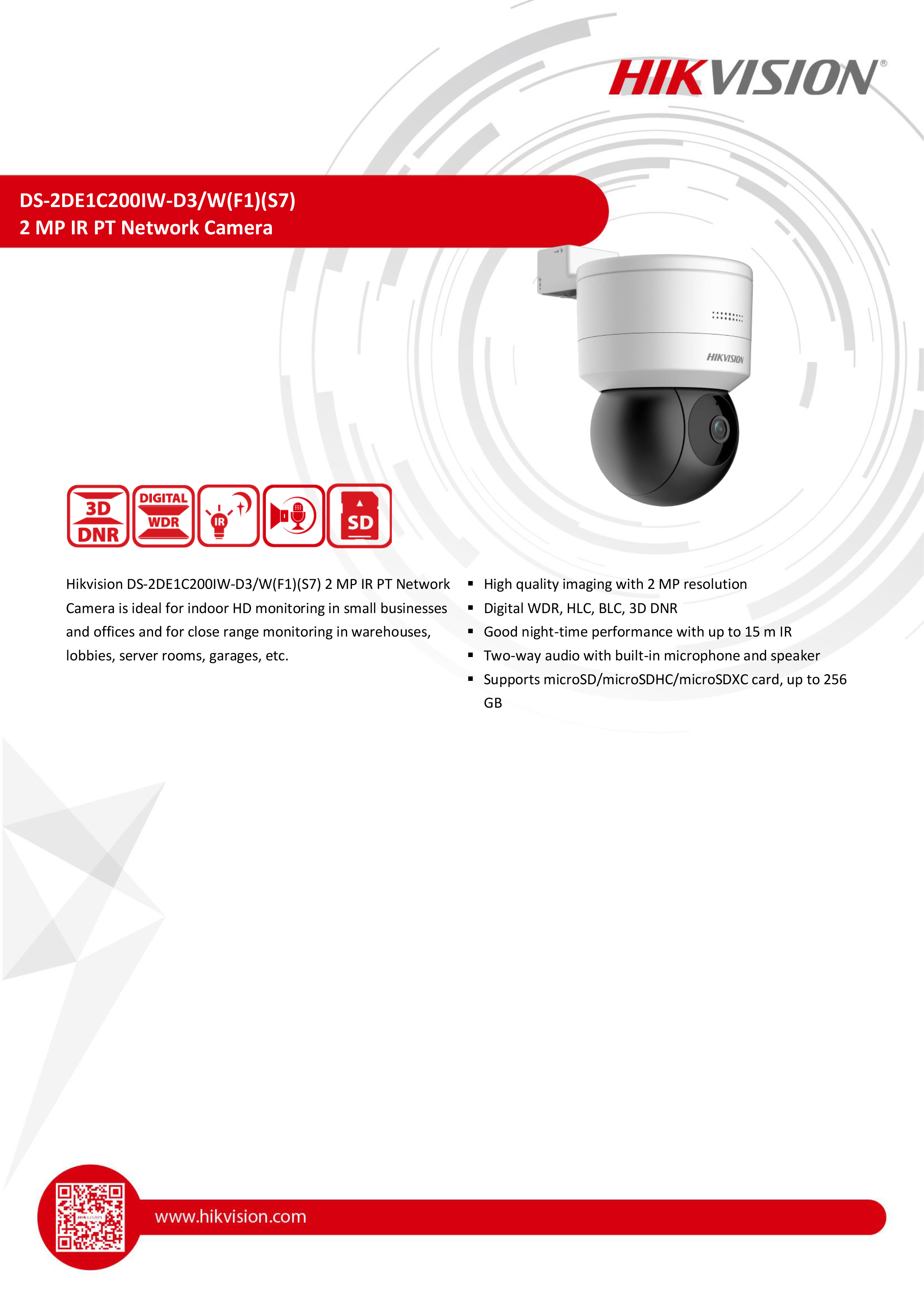 HIKVISION DS-2DE1C200IW-D3/W F1 S7 (4 mm.) กล้องวงจรปิดระบบ IP 2 MP PAN/TILT มีไมค์และลำโพงในตัว สำหรับใช้ภายใน หากจะใช้ WIFI ต้องใช้ร่วมกับเครื่องบันทึกเท่านั้น DS-2DE1C200IW-D3/W F1 S7 (4 mm.)
